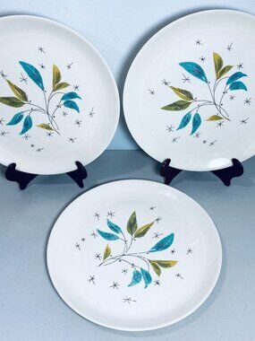 3 VNTG SALEM Daybreak Turquoise/Green Leaves Freeform Atomic Starburst 10" Plate